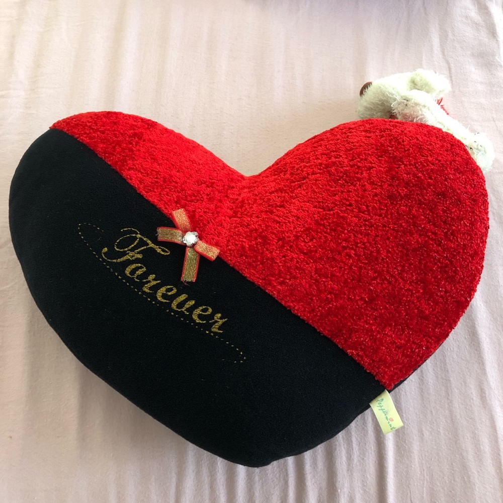 Plushy Black/Red Heart Pillow Gold Forever & attached Puppy Dog